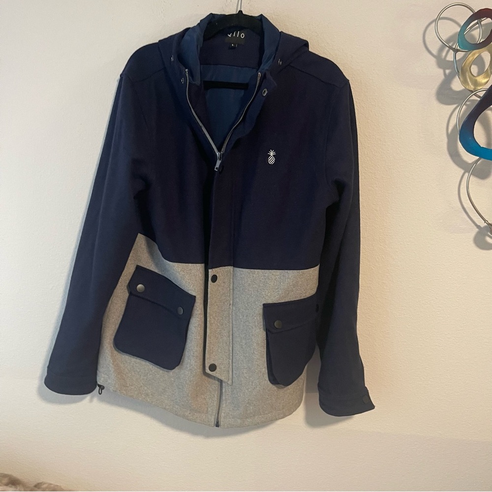 QILO Jacket Mens Two Tone Hooded Wool Navy Blue Gray Full Zip Coat Sz L